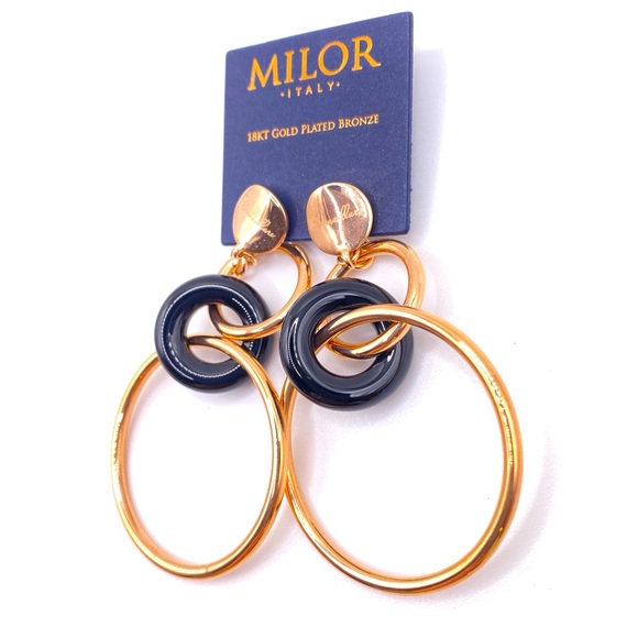 🆕 18kt Rose Gold Earrings Bronzallure & Onyx 3” Dangly Circle Hoop, MILOR ITALY - Picture 2 of 13